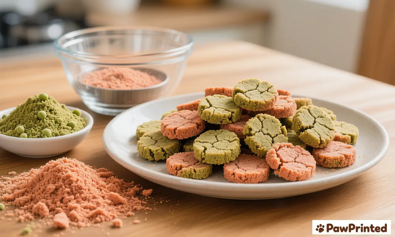 Small salmon and pea flour training dog treats on a baking tray