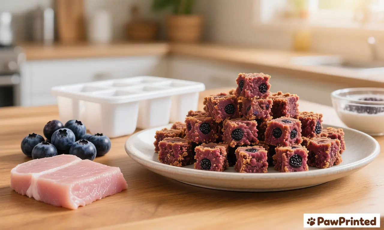 Small turkey and blueberry training dog treats on a tray with Ethan watching nearby