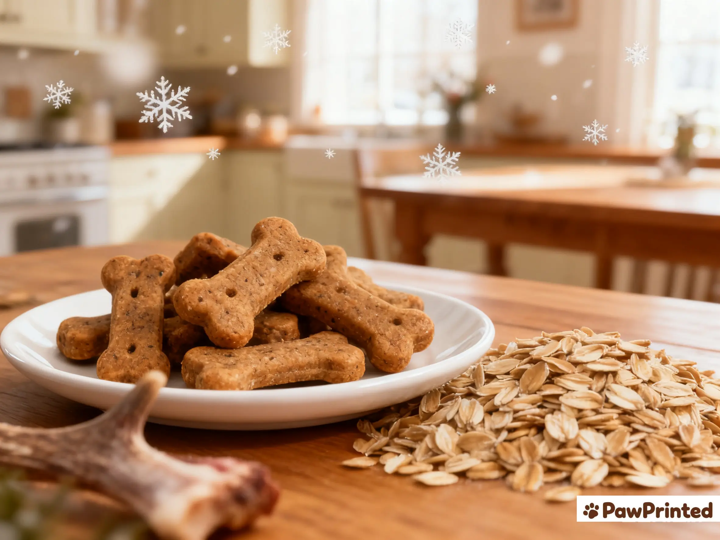 Homemade venison and oat winter dog treats on a baking tray - PawPrinted