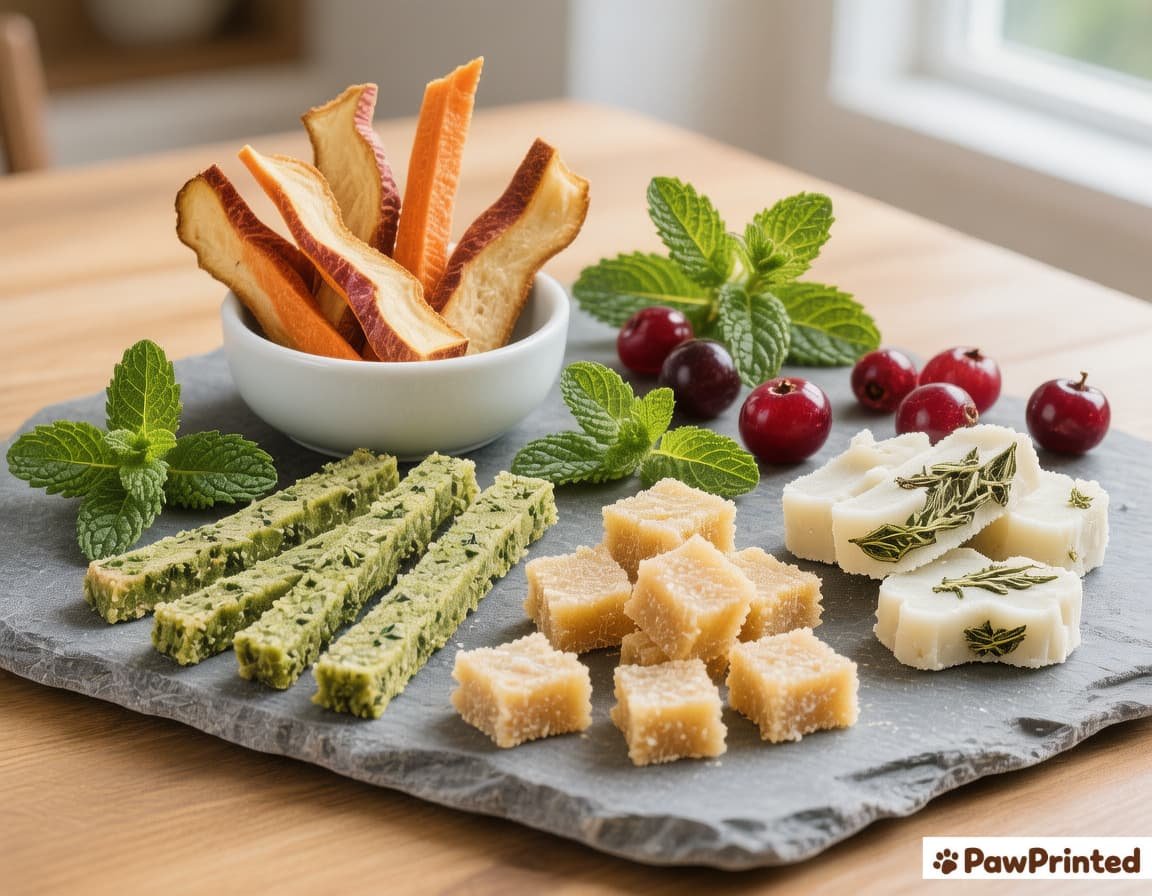 Homemade parsley and mint dental dog treats on cutting board