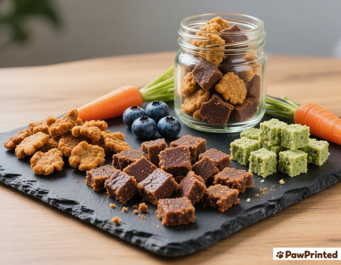 Low calorie apple and carrot homemade dog treats on a tray with Ethan watching