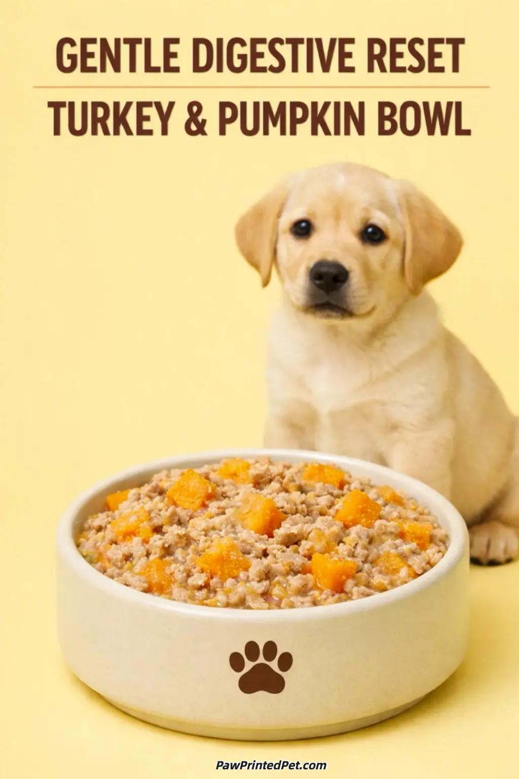 Turkey and pumpkin gentle digestive dog food bowl, soft and scoopable texture in a white ceramic bowl