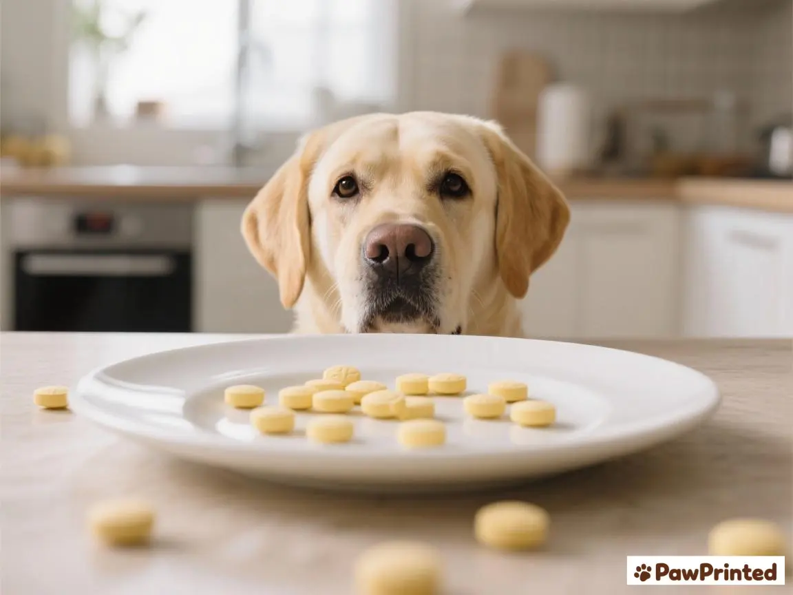 Dog multivitamin chews in a small training size bowl next to no-bake peanut butter oat bites
