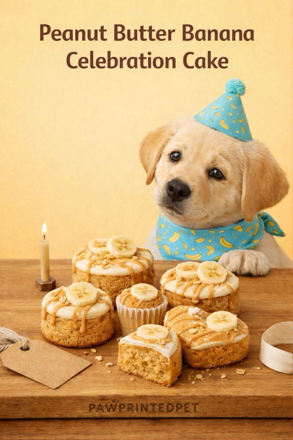 Peanut butter banana dog birthday cake with a soft golden crumb, sliced into small celebration portions