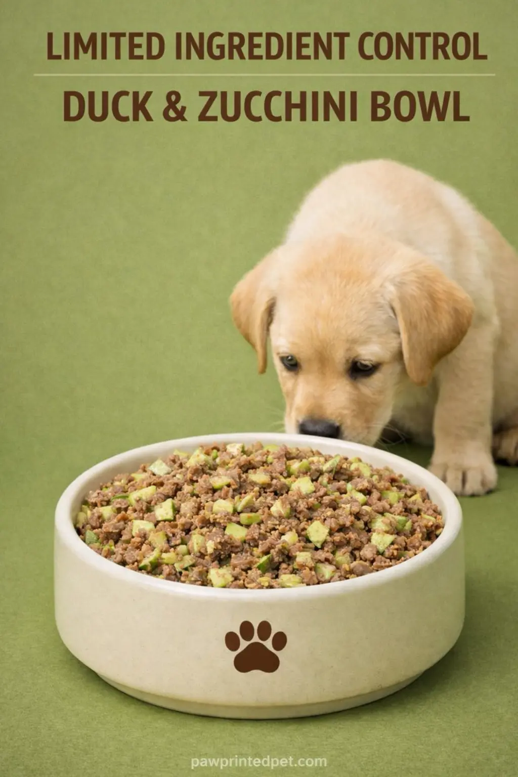 Duck and zucchini limited ingredient dog food bowl with soft shredded texture in a white ceramic bowl