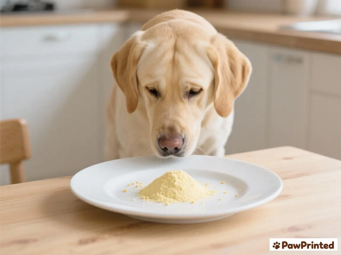 Digestive enzymes and probiotics powder for dogs with a small measuring scoop