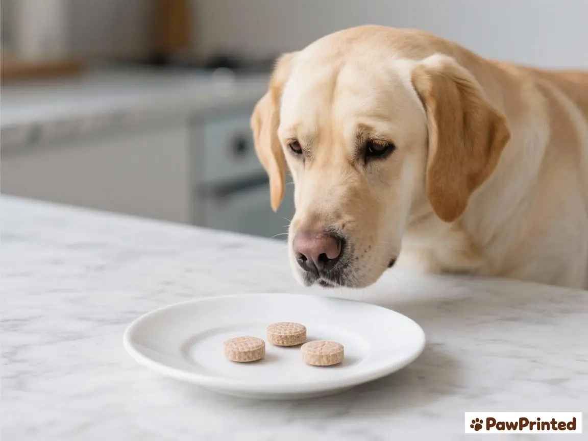 Skin soothing soft chews for dogs next to a grooming brush