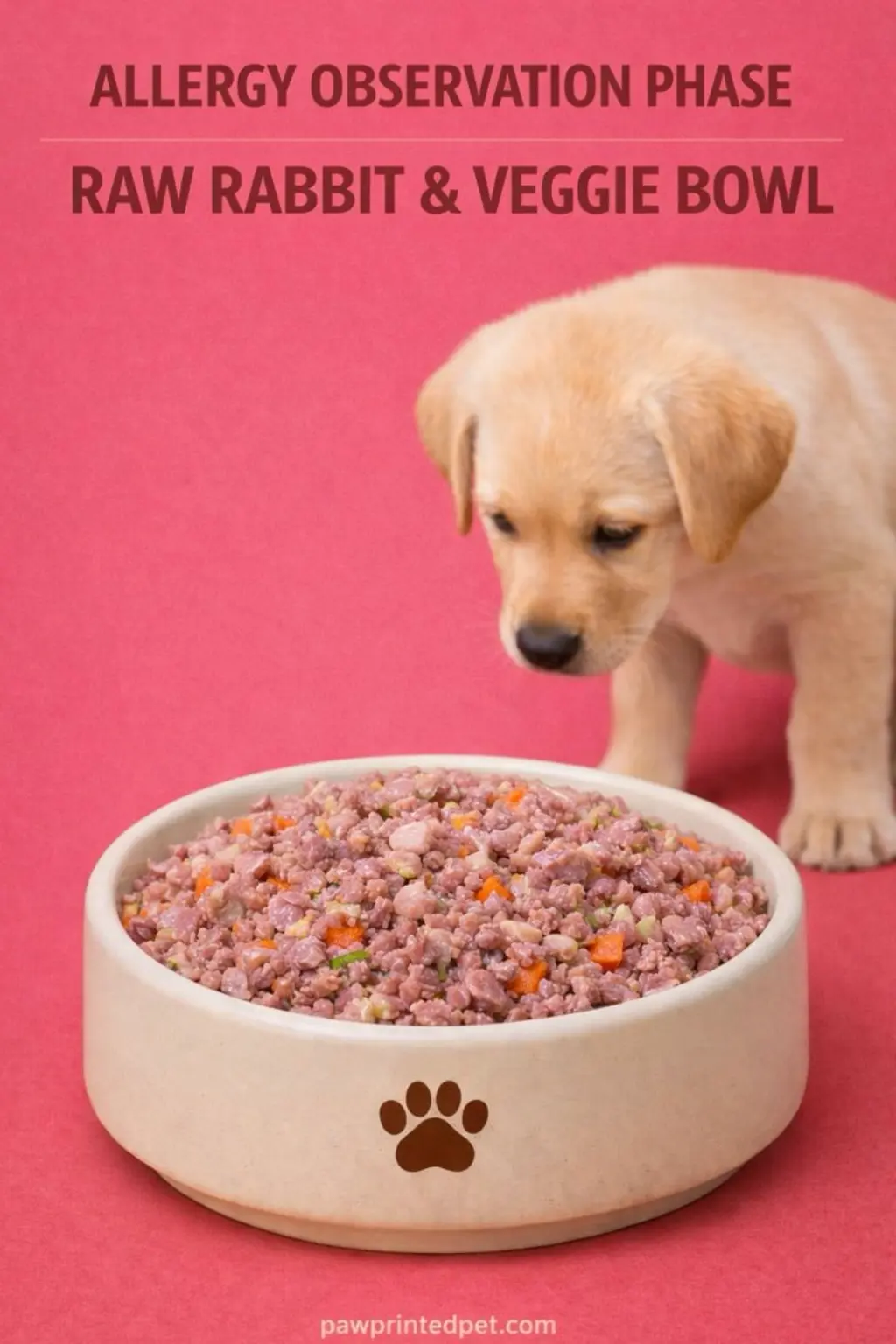 Raw rabbit and vegetable dog food bowl prepared for allergy observation
