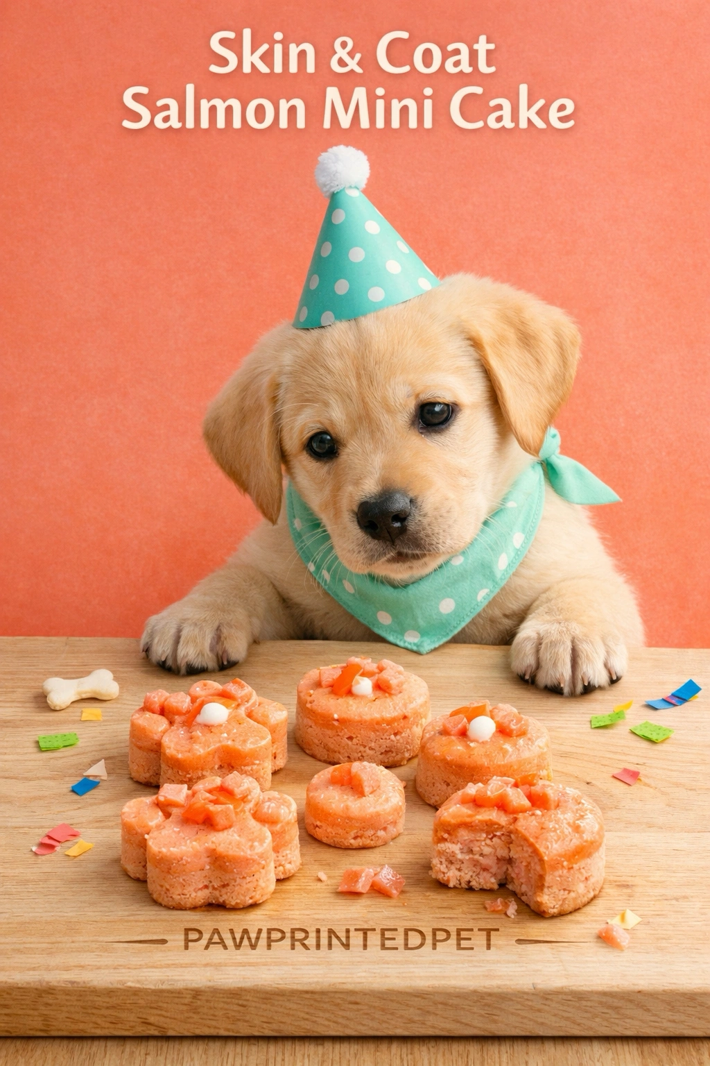 Savory salmon mini dog birthday cake with a thin no-mess topper