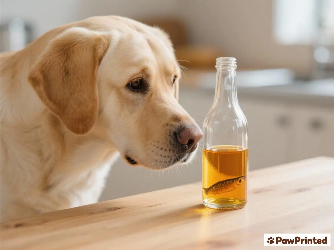 Norwegian salmon oil supplement for dogs in a pump bottle next to a dog bowl
