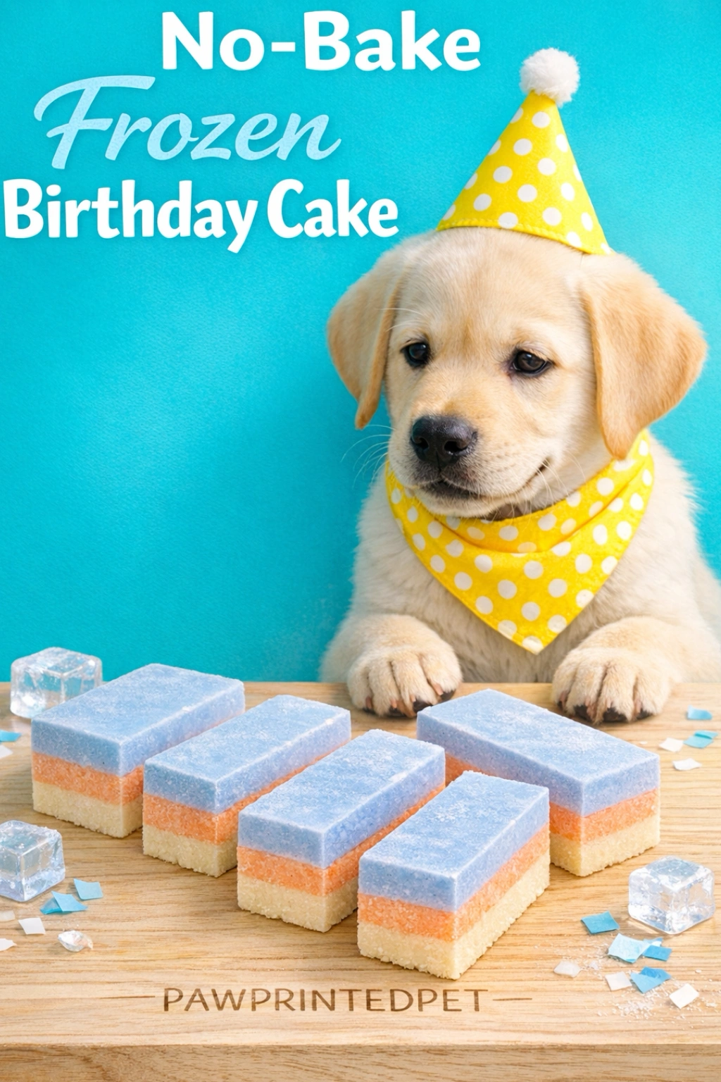 No-bake frozen dog birthday cake squares stacked on a cooling tray