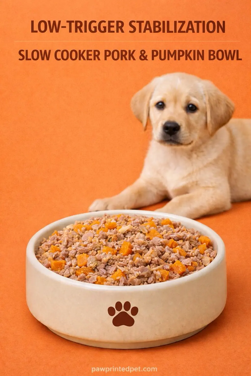 Slow cooker pork and pumpkin dog food bowl with a soft limited-ingredient texture
