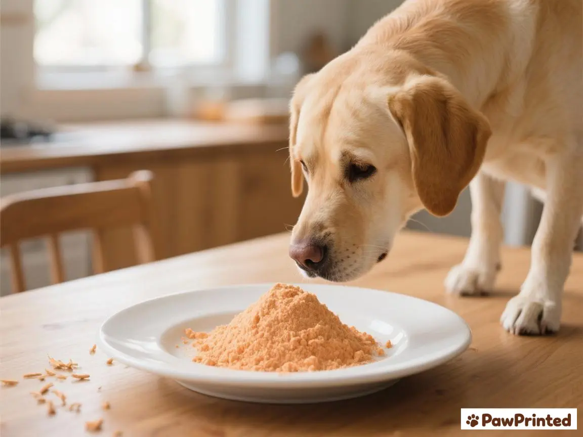 Pumpkin fiber powder for dogs with a small scoop and light treats