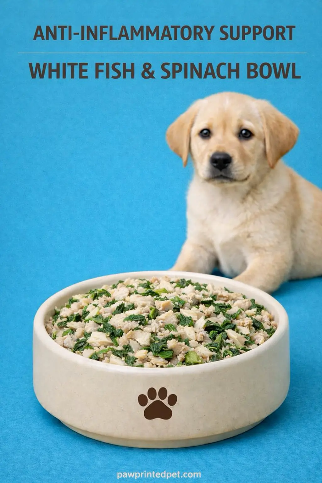 White fish and spinach homemade dog food bowl with a light anti-inflammatory texture