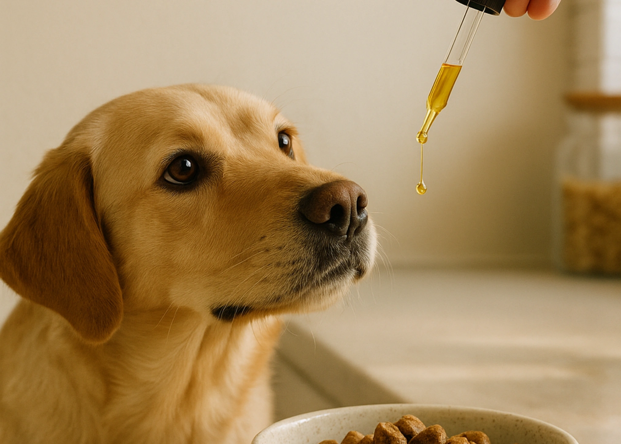 Bottle of liquid fish oil with pump next to a dog food bowl