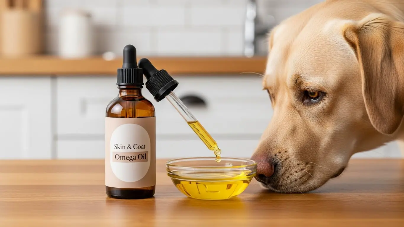 Omega 3 fish oil supplement for shiny coat and skin comfort in dogs