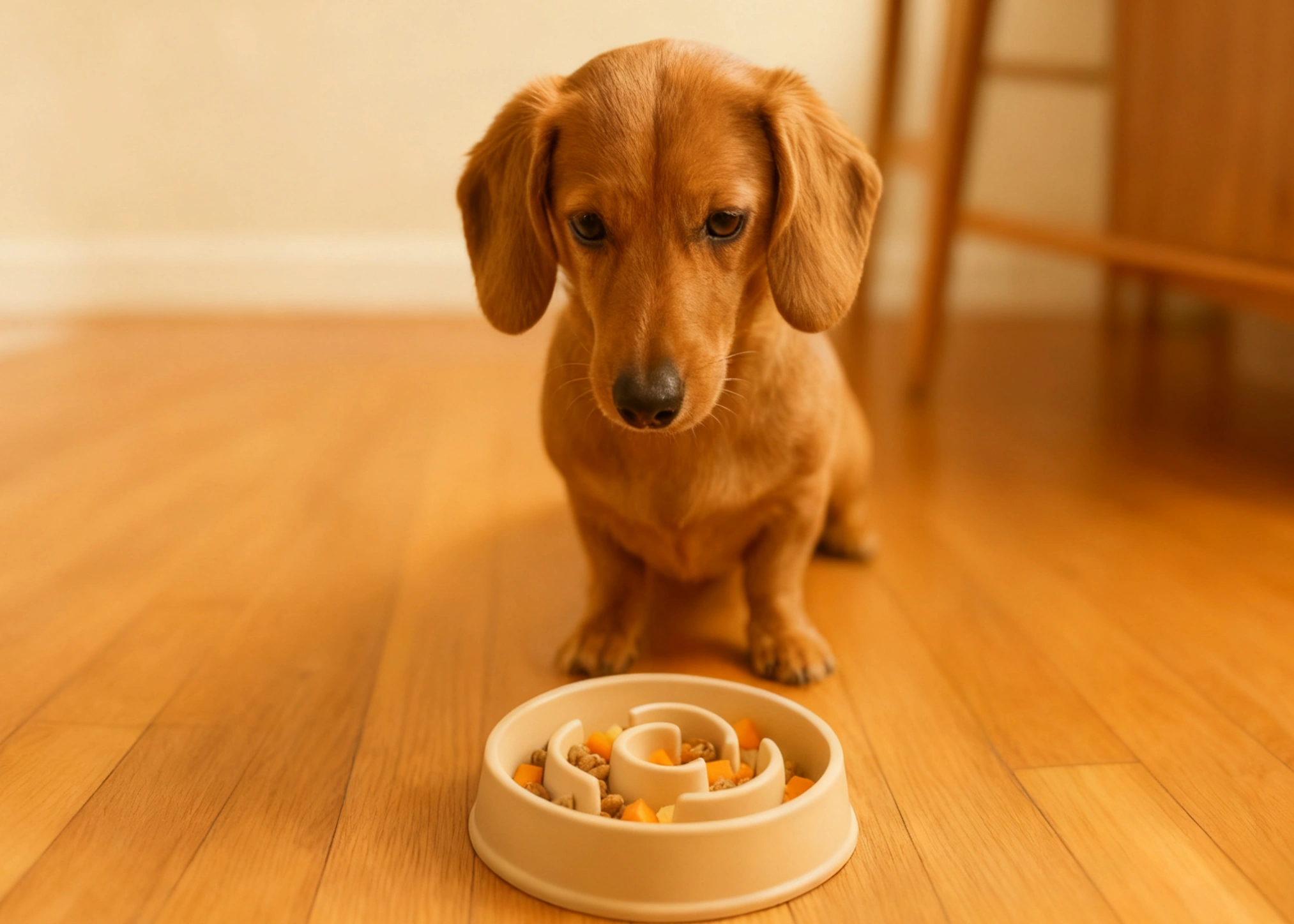 Slow feeder dog bowl with maze pattern filled with dog food