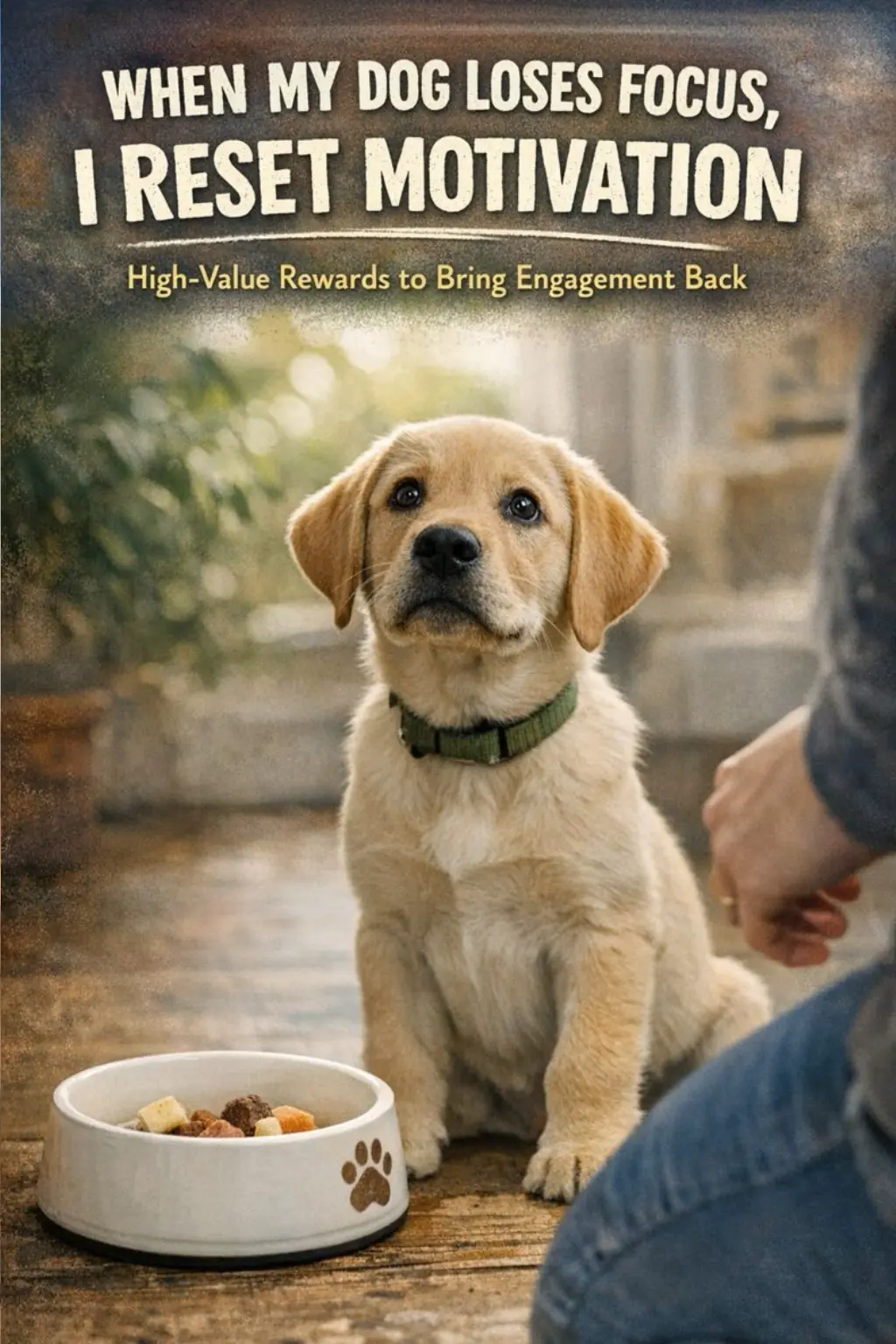 Dog calmly engaging with trainer during a short high-value reward session