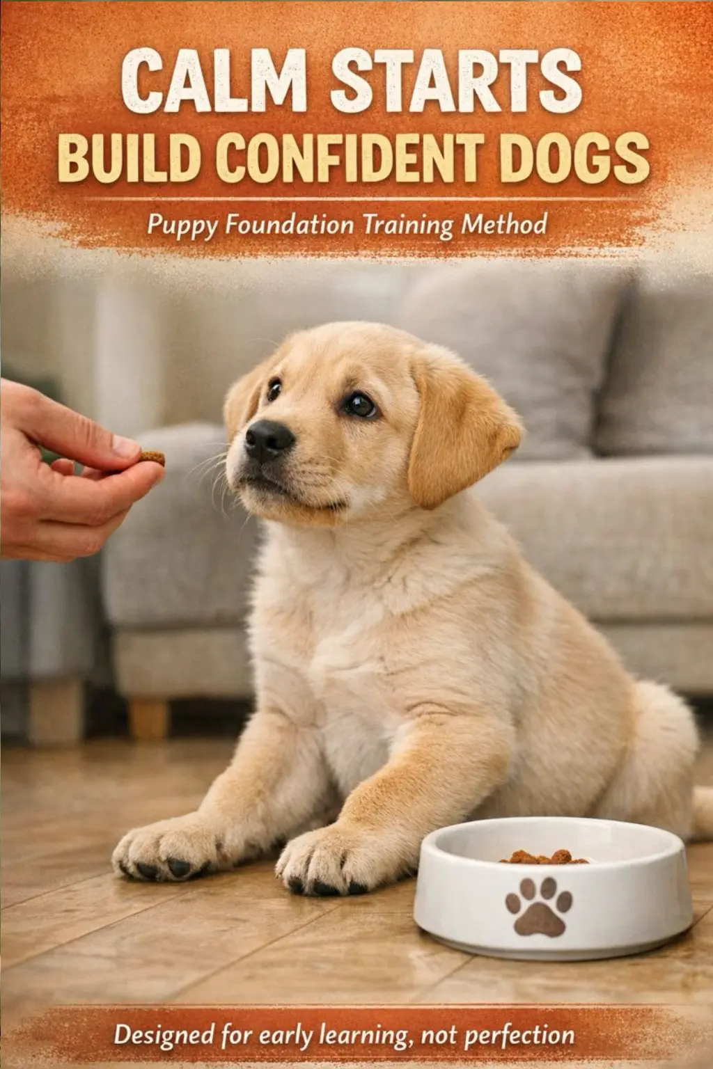 Young puppy resting calmly in a controlled indoor training space with clear boundaries