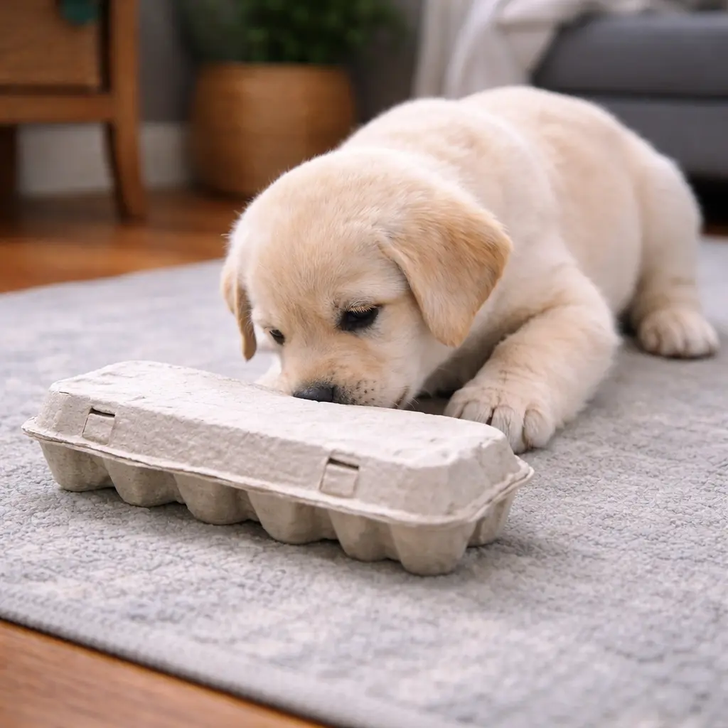 Collection of ten DIY dog enrichment toys arranged together for calm indoor play