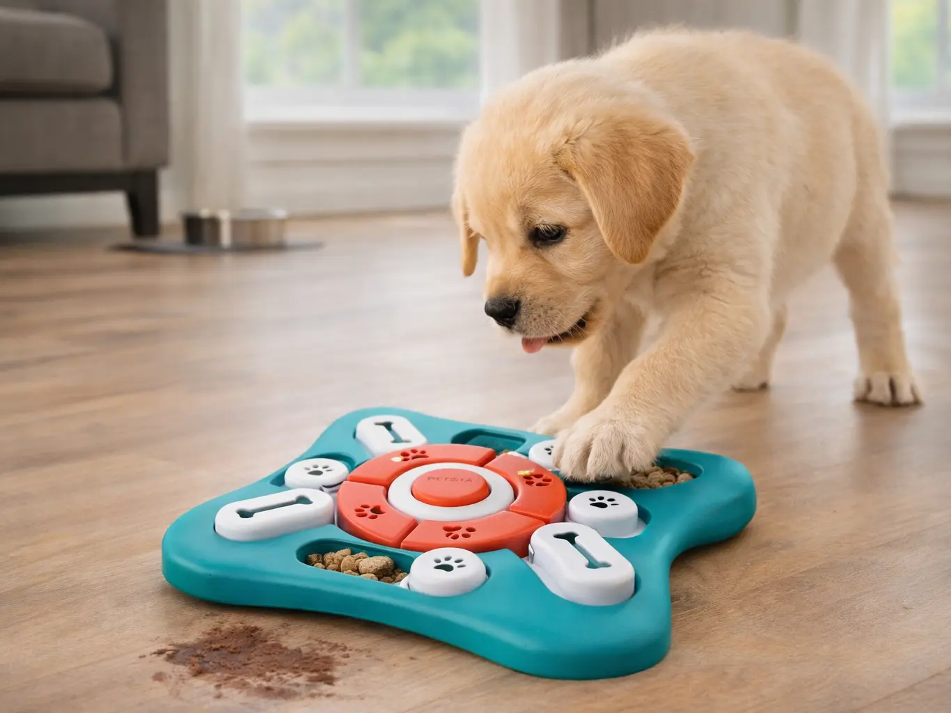 Interactive dog puzzle toy with sliding compartments