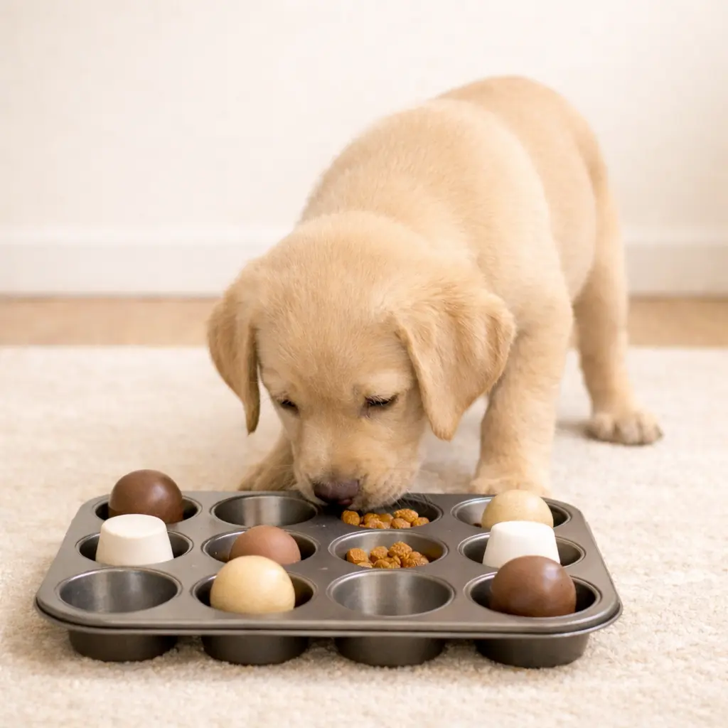 Collection of ten DIY dog enrichment toys arranged together for calm indoor play