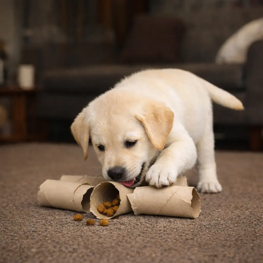 Collection of ten DIY dog enrichment toys arranged together for calm indoor play
