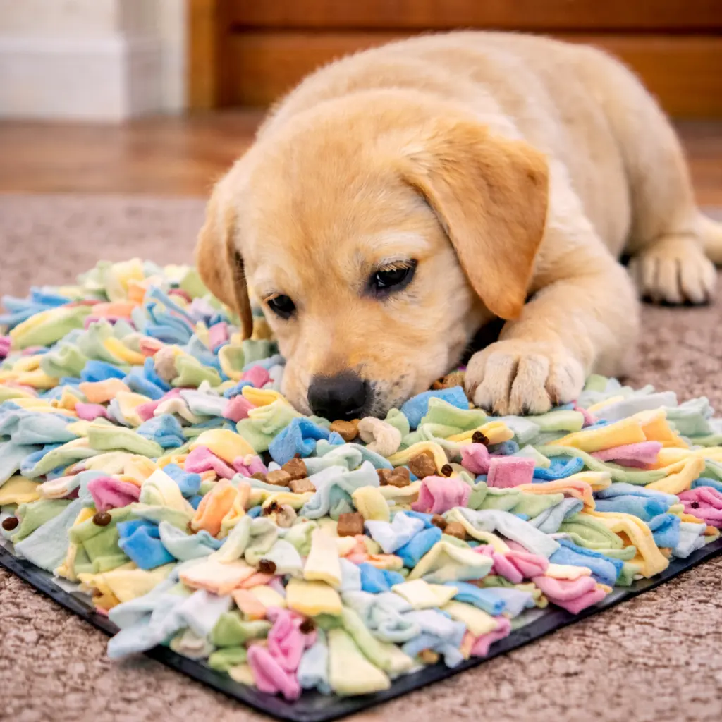 Collection of ten DIY dog enrichment toys arranged together for calm indoor play