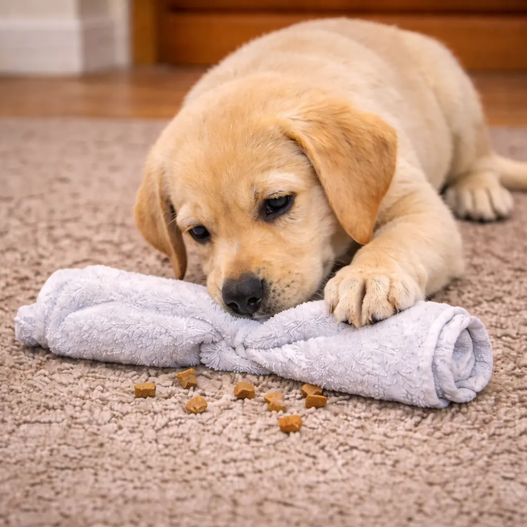 Collection of ten DIY dog enrichment toys arranged together for calm indoor play