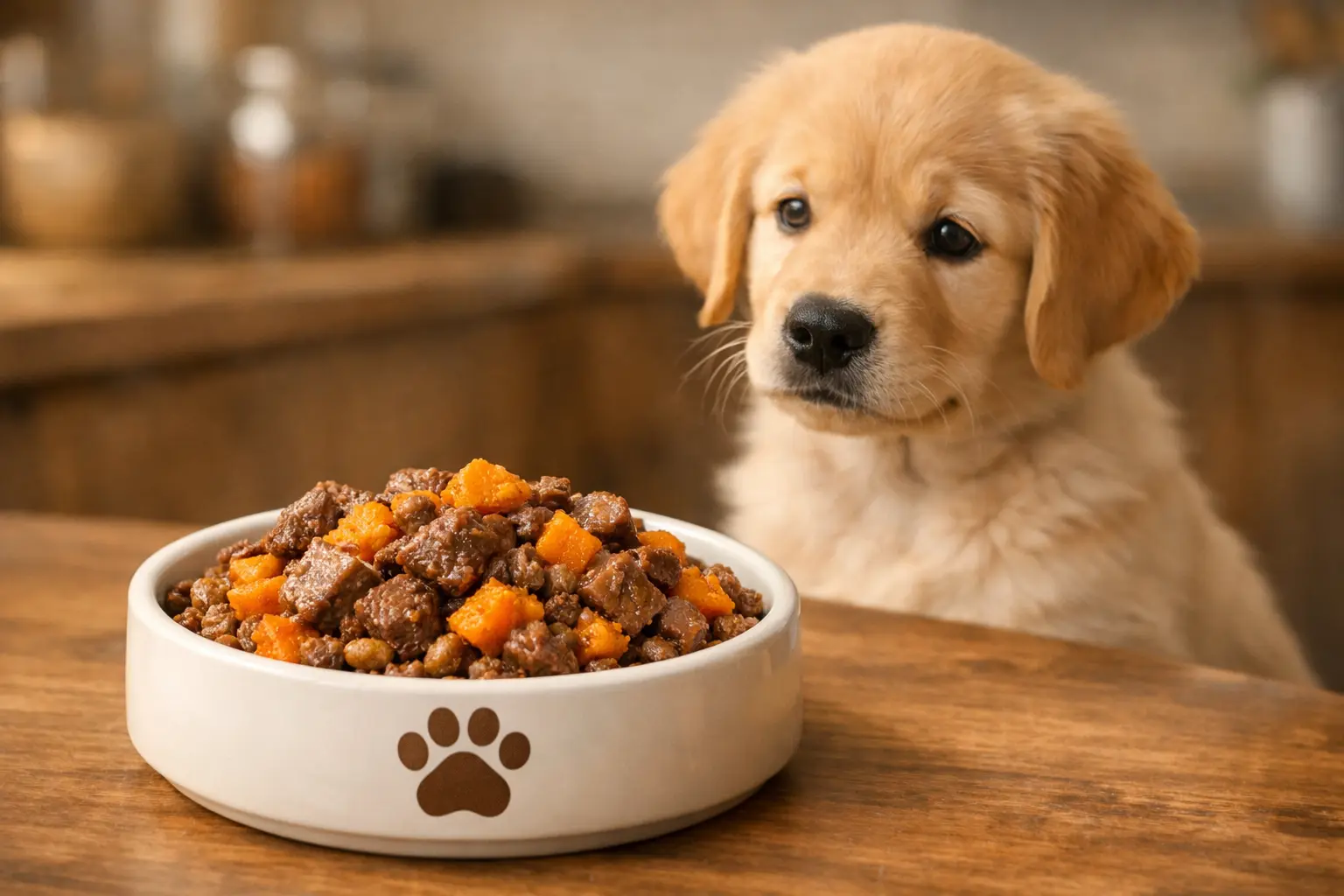 Beef and pumpkin joint support dog food served in a white ceramic bowl with a brown paw print