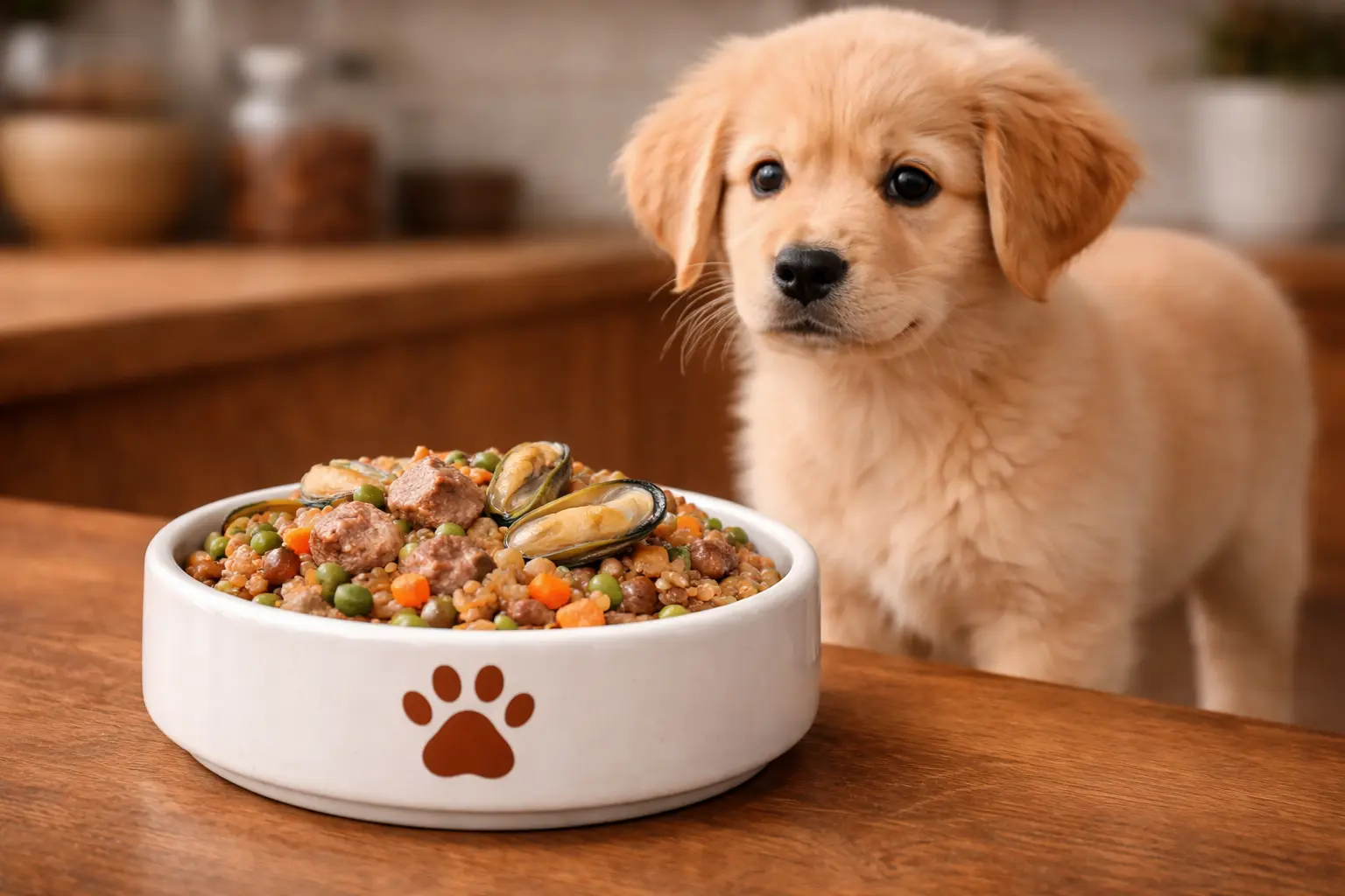 Beef and green lipped mussel joint boost dog food served in a white ceramic bowl with a brown paw print