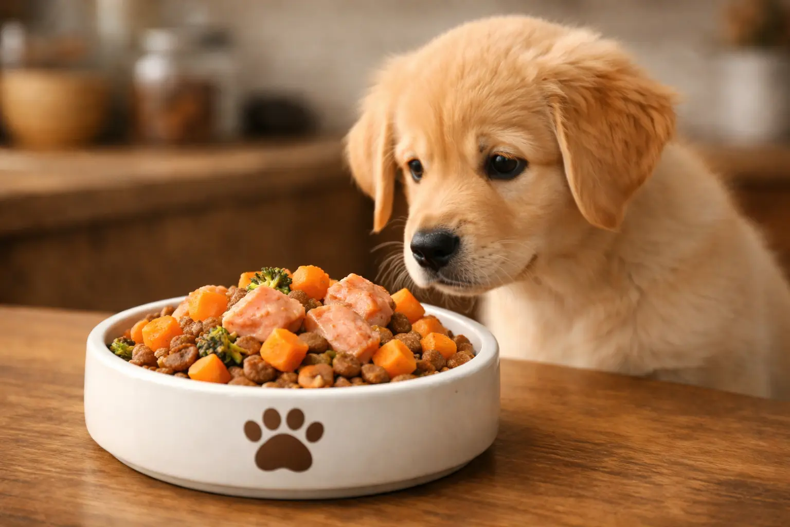 Salmon and sweet potato anti-inflammatory dog food served in a white ceramic bowl with a brown paw print