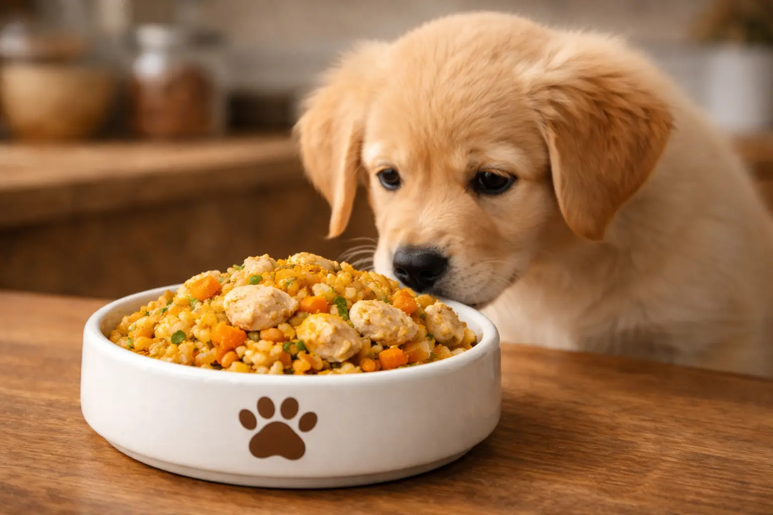 Chicken and turmeric joint relief dog food served in a white ceramic bowl with a brown paw print