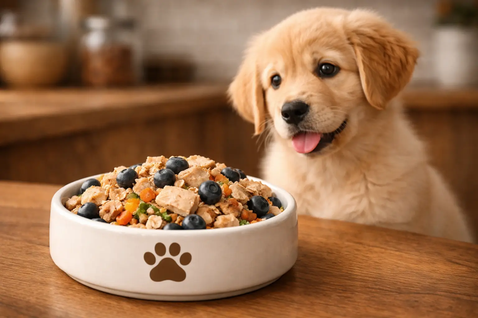 Turkey and blueberry mobility support dog food served in a white ceramic bowl with a brown paw print