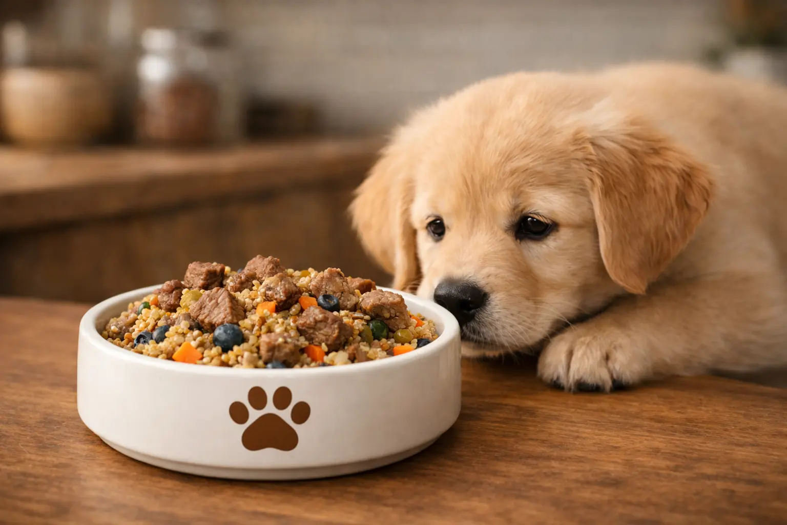 Lamb and quinoa anti-inflammatory dog food served in a white ceramic bowl with a brown paw print