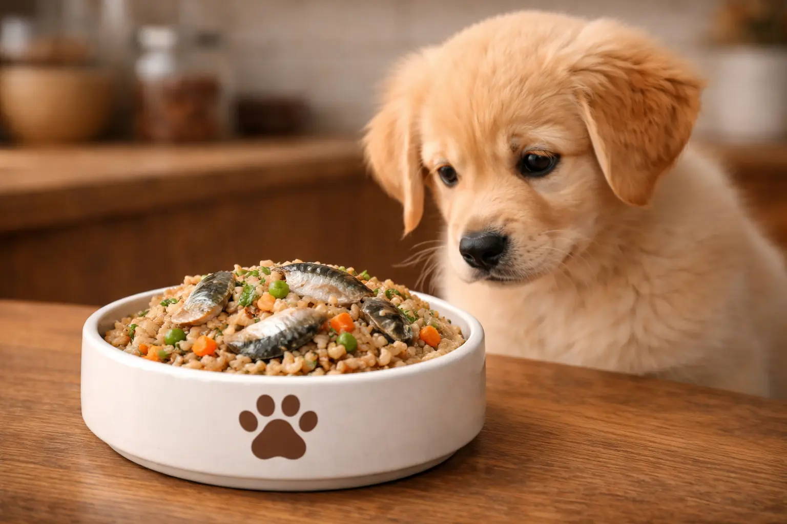 Sardine and rice soft joint care dog food served in a white ceramic bowl with a brown paw print