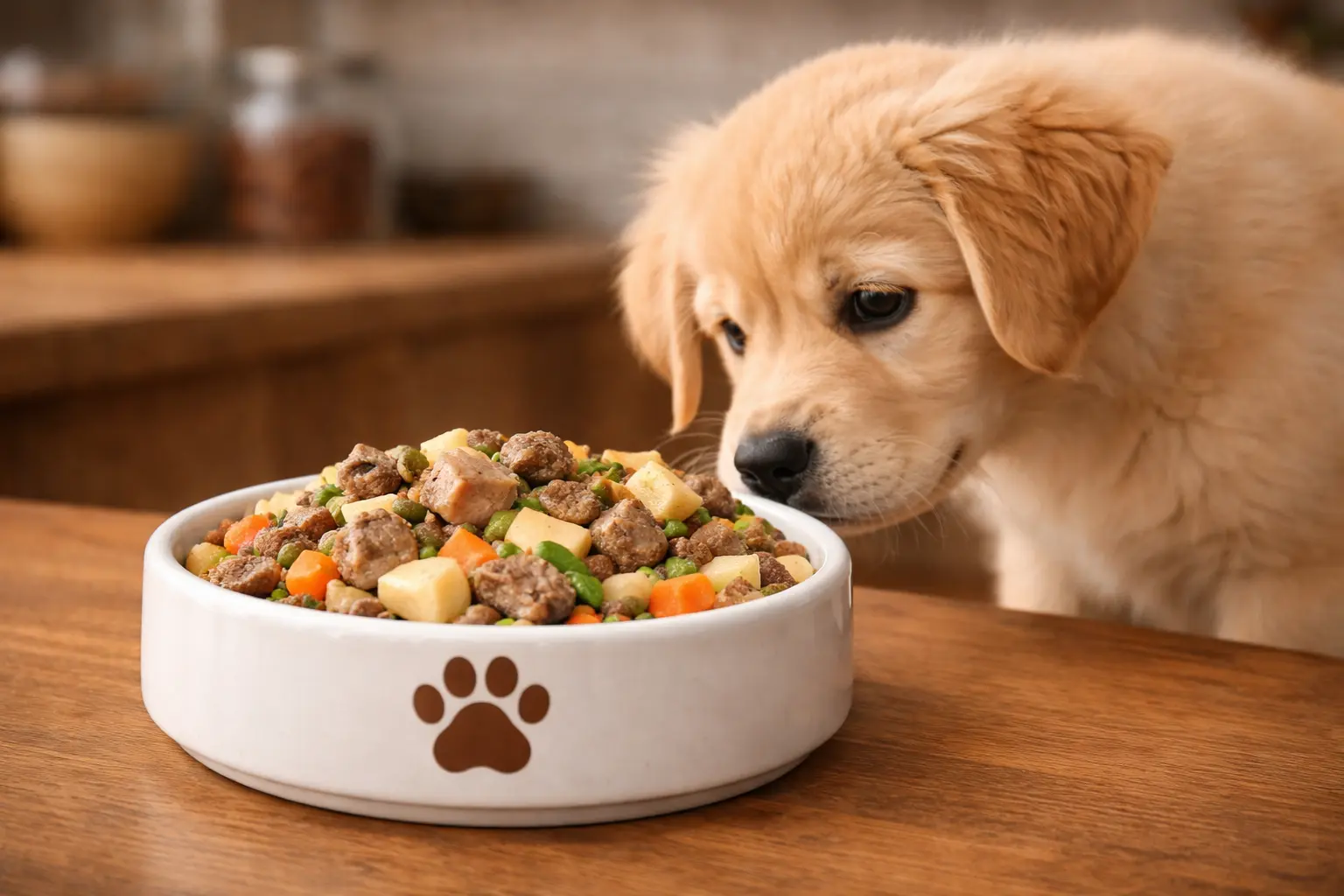 Duck and apple joint support dog food served in a white ceramic bowl with a brown paw print