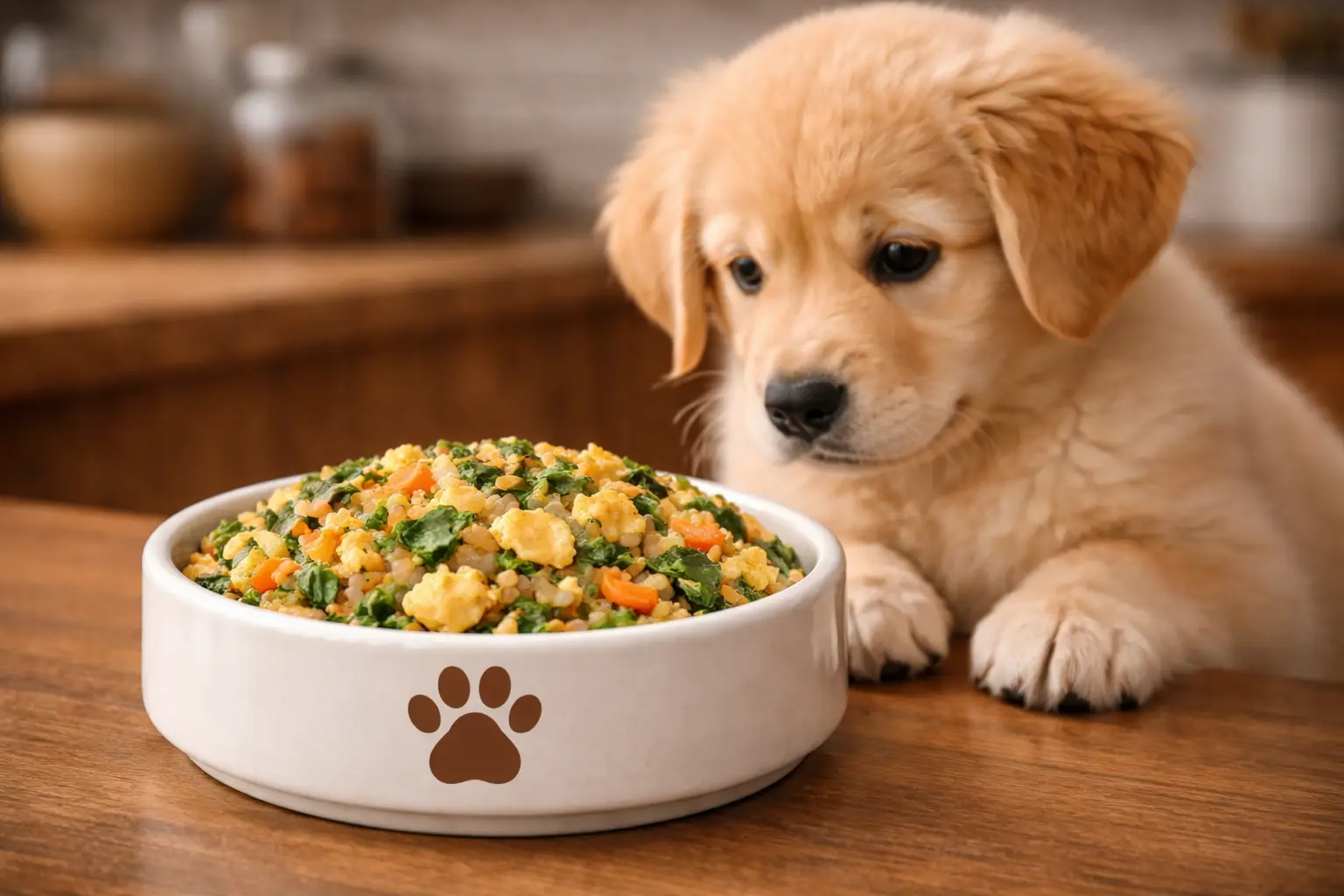 Egg and spinach soft protein dog food served in a white ceramic bowl with a brown paw print