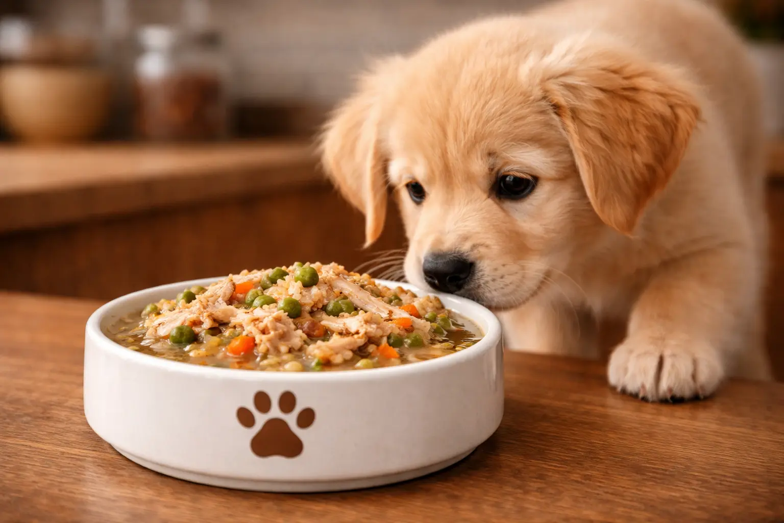 Bone broth and chicken recovery dog food served in a white ceramic bowl with a brown paw print