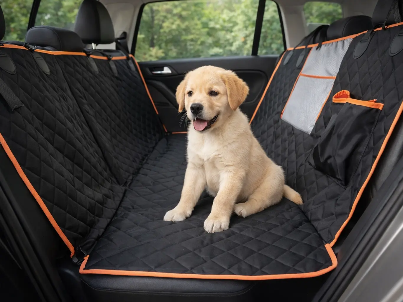 Quilted dog car seat cover with hammock design