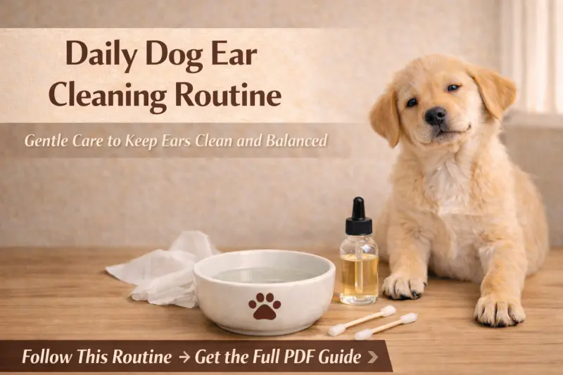 Daily maintenance dog ear cleaning setup with a gentle cleanser and outer ear care tools