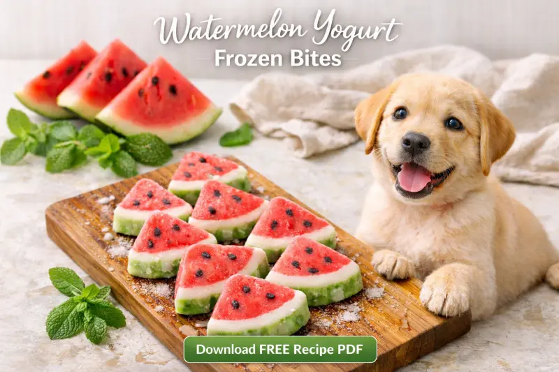 Watermelon yogurt frozen bites for dogs served in a white ceramic bowl with a brown paw print