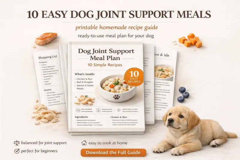 Collection of ten homemade joint support dog food recipes arranged together in white ceramic bowls