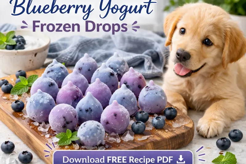 Blueberry yogurt frozen drops for dogs arranged in small round shapes with a soft blue purple tone