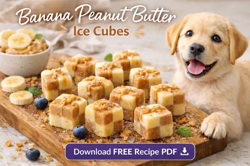 Banana peanut butter ice cubes for dogs arranged in small layered square pieces