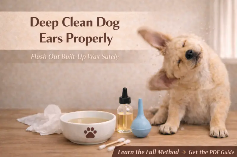Deep ear cleaning setup for dogs with built-up wax and gentle ear care tools
