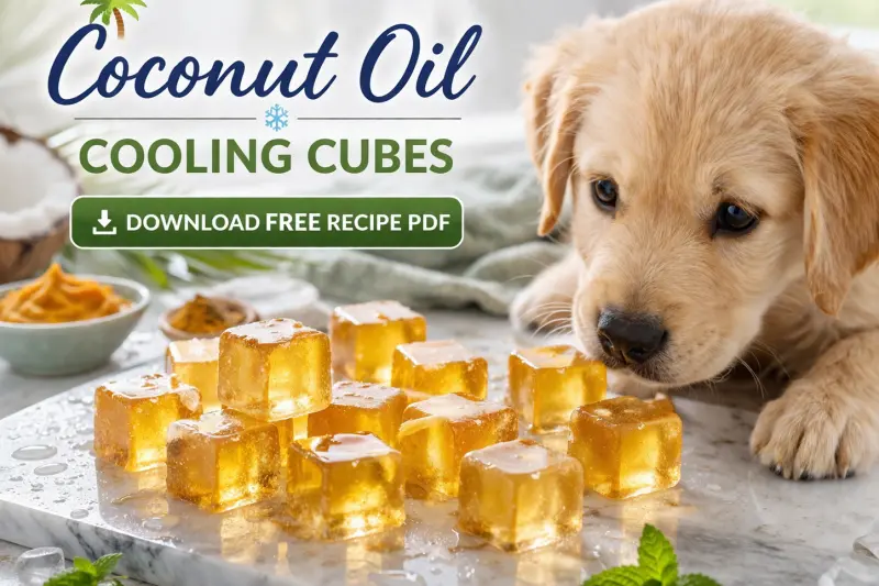 Coconut oil cooling cubes for dogs arranged as small amber gem-like frozen bites