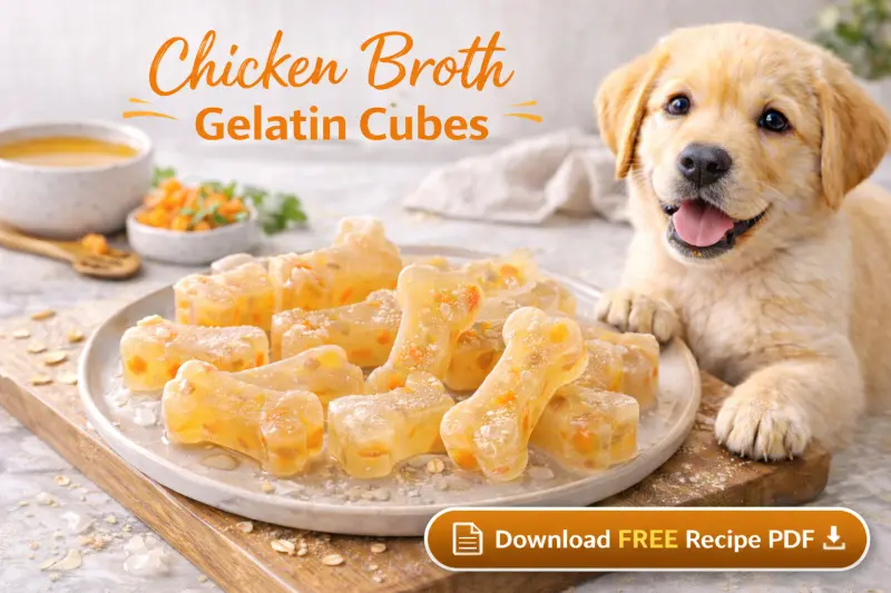 Chicken broth gelatin cubes for dogs shaped like small translucent bone treats with visible vegetable bits