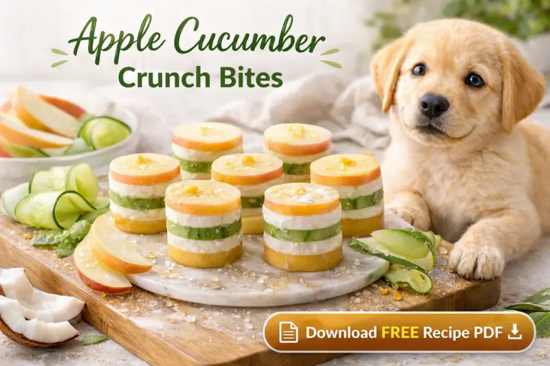 Apple cucumber crunch bites for dogs arranged in small layered round pieces with green, white, and pale yellow tones