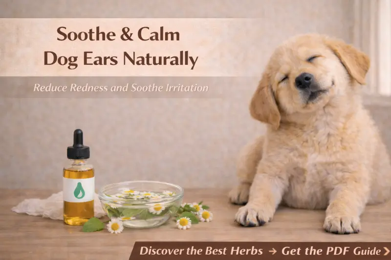 Sensitive dog ear soothing care setup with gentle herbal support and calming ear care tools